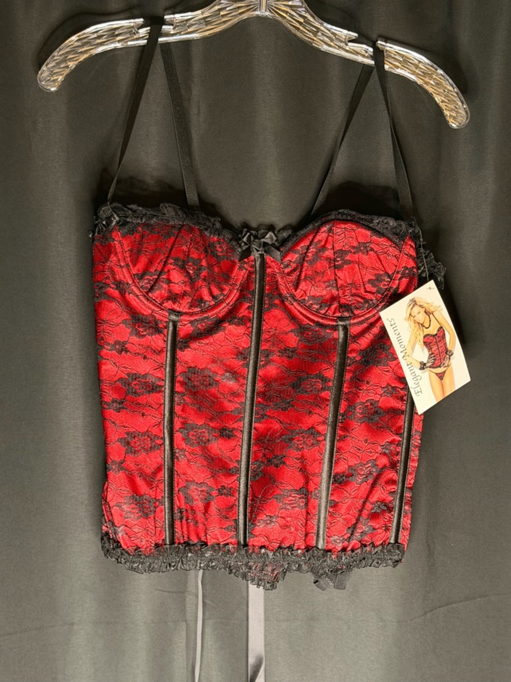 Elegant Black Lace Trim RedBustier Corset Top w/matching thong-Women Intimates - Picture 4 of 12